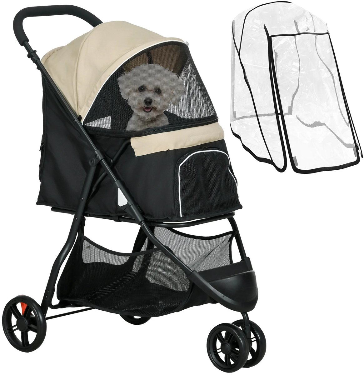 Hondenbuggy – Dierenwagen met Regenhoes voor Kleine Honden & Katten – Donker Khaki