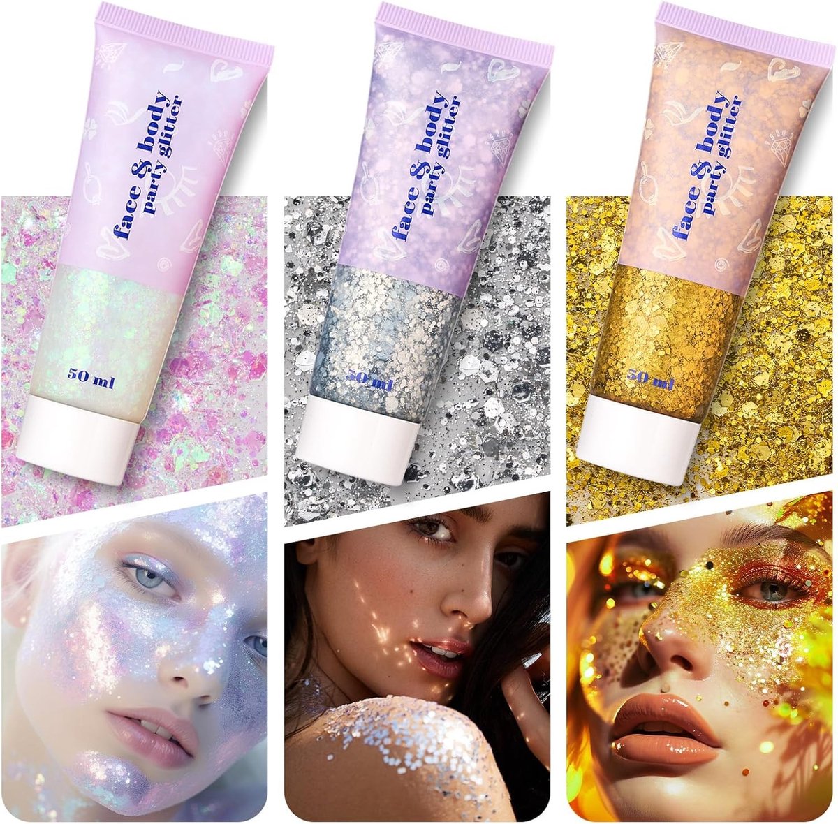 3-delige Body Glitter Gel voor Festival Make-up - Glitter voor Gezicht en Lichaam met 5 Penseelkwasten in Wit, Zilver en Goud