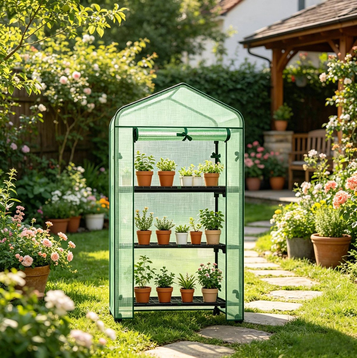 Kas Met Wielen Kleine Foliekas 70 X 50 X 130 Cm Polyetheen Staal Groen Voor Balkon Terras En Tuin Met 3 Rekken