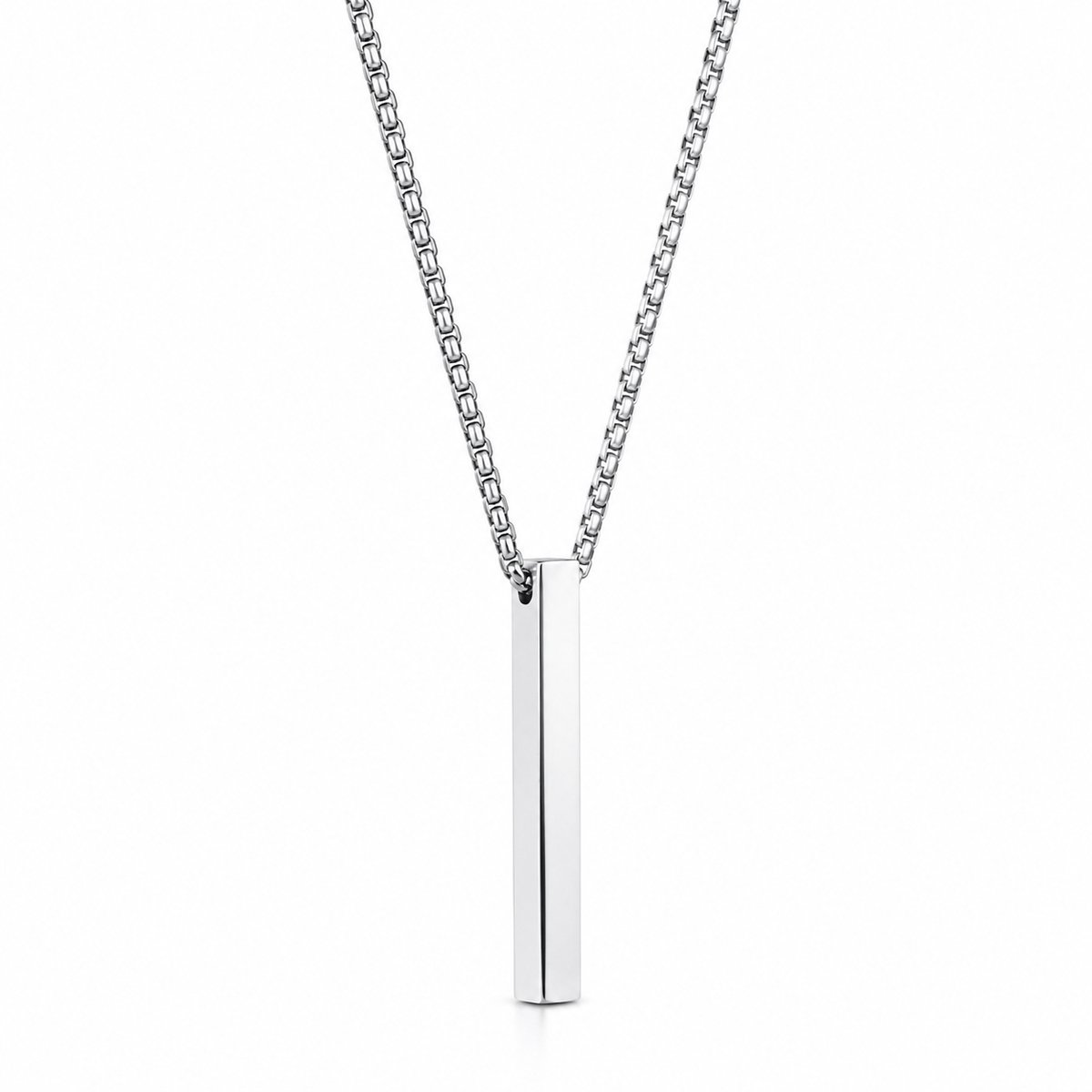 Engravia by Derya – Bar Ketting – RVS – Minimalistische Hanger met Round Box Chain – 70 cm Ketting / 2 mm + 4 cm Staafhanger Zilverkleur – Cadeau voor Dames & Heren