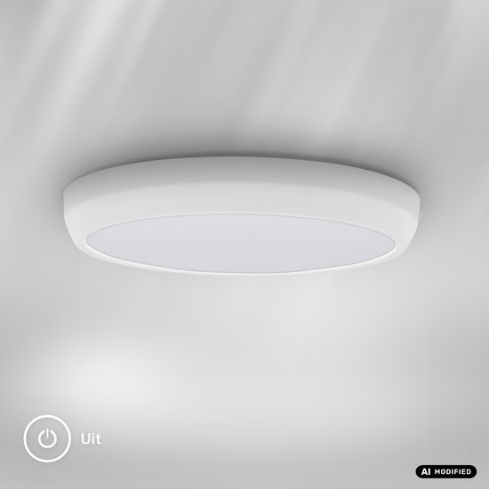 Witte ronde LED plafondlamp, tekst 'Uit' met aan/uit icoon.