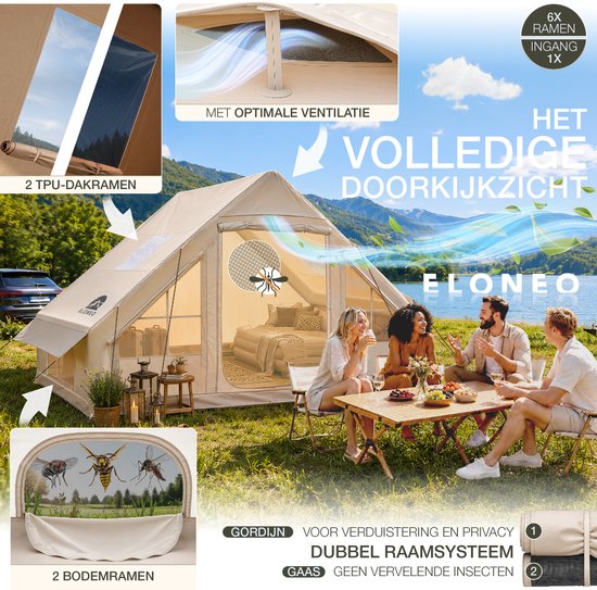 ELONEO Opblaasbare Glampingtent - Campingtent met Luchtframe - 200 cm Stahoogte - UV50 van ELONEO — afbeelding 2