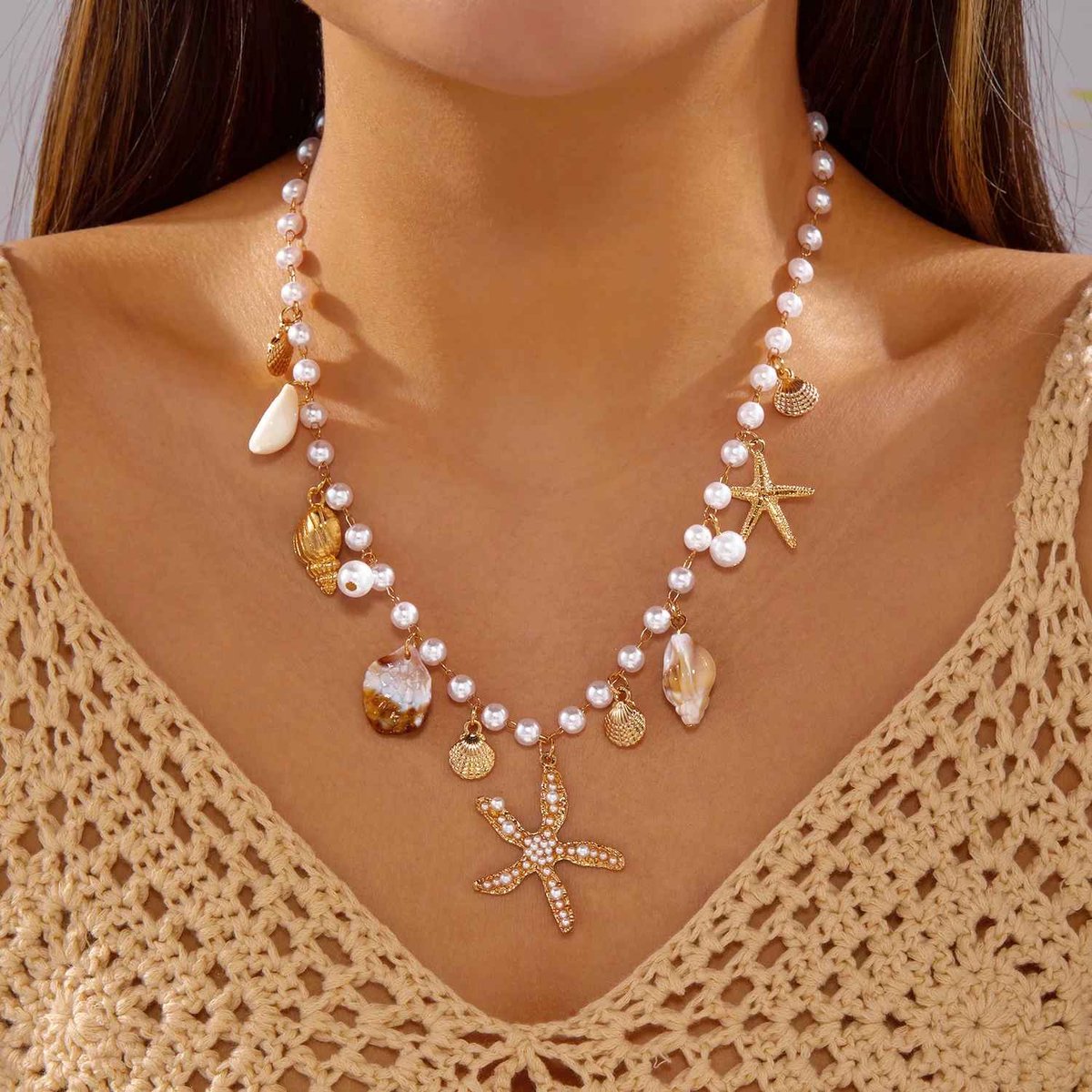 Parelketting dames - Goudkleurig - Schelpen en zeester hangers