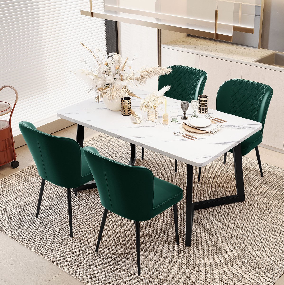 MEUNIQ eetkamerstoel set van 4 in groen velvet met metalen onderstel, rugleuning en gewatteerde zitting, moderne stoel voor eetkamer, keuken of thuiskantoor