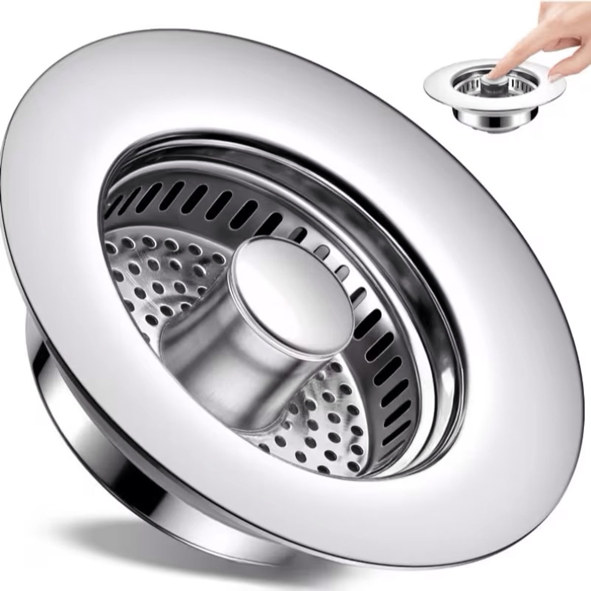 Gootsteenzeef met Pop-Up Drukknop – Universele RVS Gootsteenplug & Zeef – Afvoerstop Keuken – Anti-Verstopping & Waterdicht – Zilver / Chroom