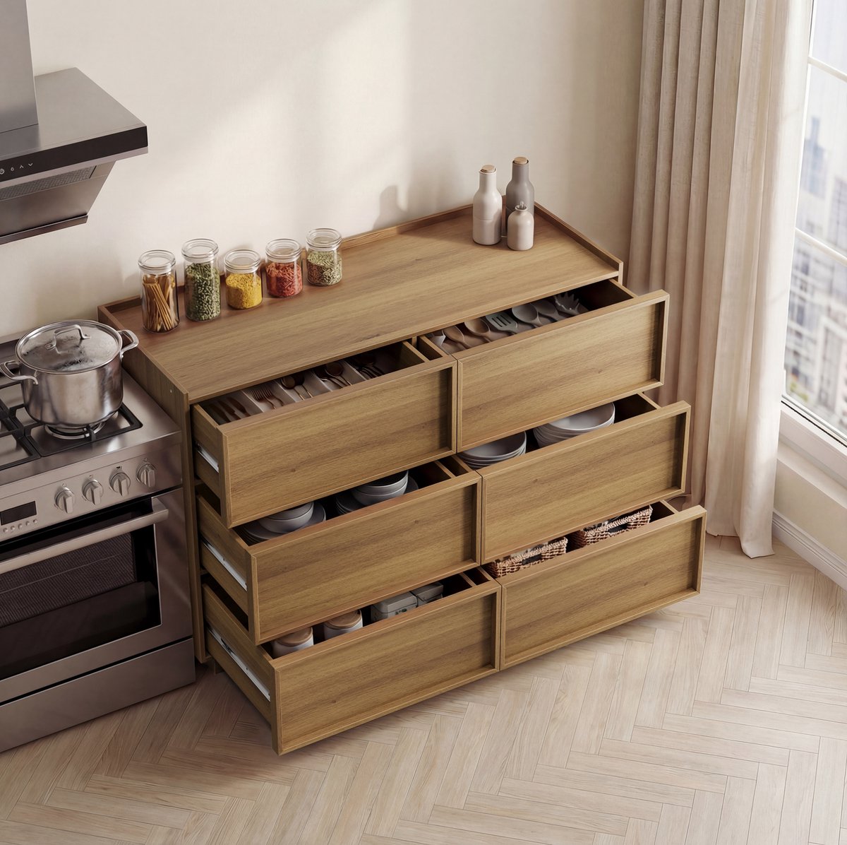 DESMIU Dressoir - Moderne Ladekast Met 6 Greeploze Lades - Opbergkast Voor Slaapkamer, Woonkamer En Hal - Hout - 115x48x78 Cm - Eikenkleur