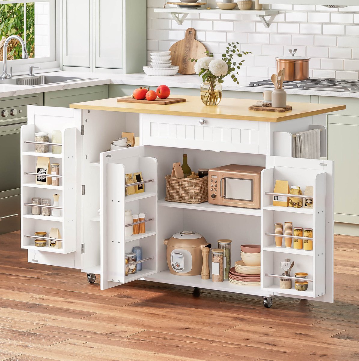 DESMIU Keukenkast - Mobiele Keukeneiland Met Klapbaar Werkblad En Lade - Voor Keuken En Bartafel - MDF - 120x70x92 Cm - Wit Naturel