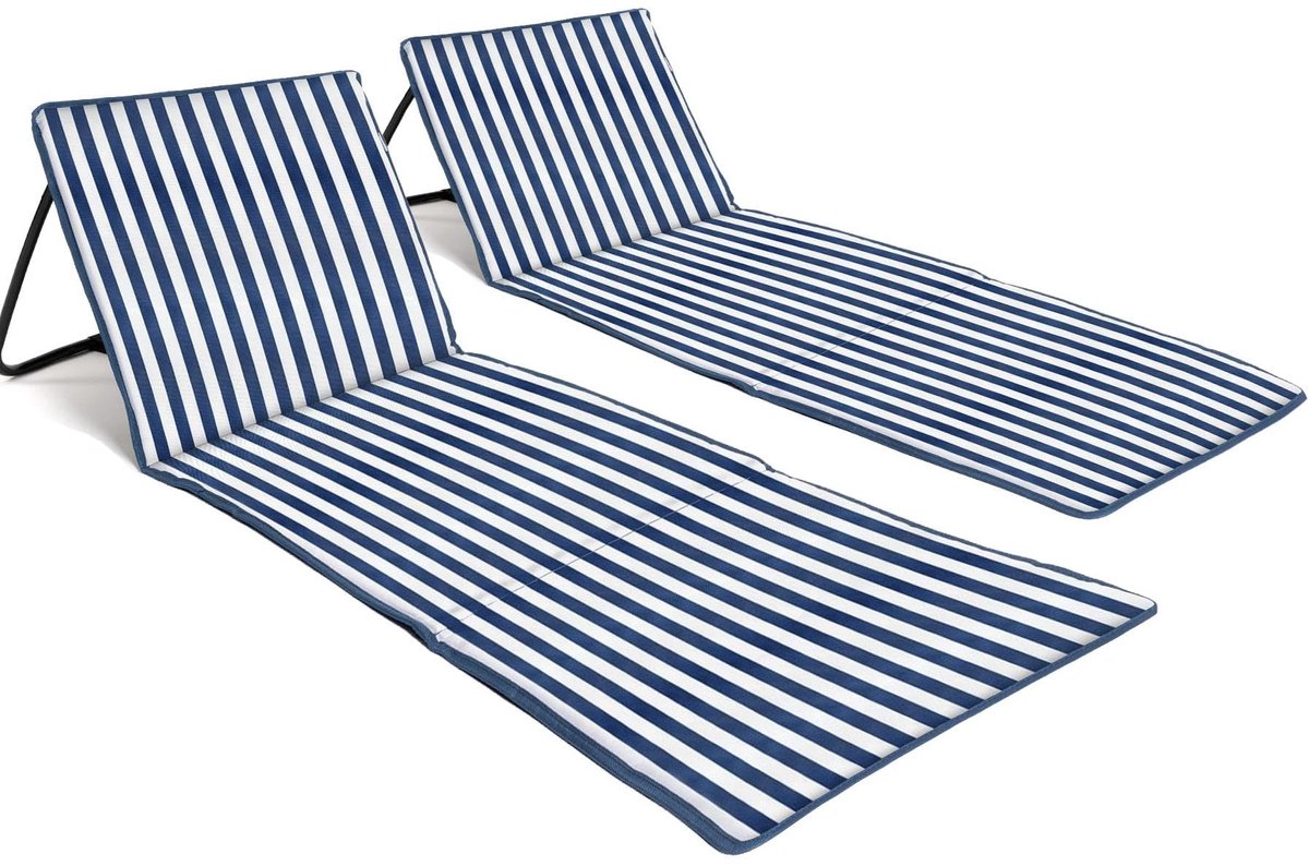 SnelShoppen - Opvouwbare Strandmat met Verstelbare Rugleuning (2-pack) - Lichtgewicht Draagbare Ligstoel met Ritsvak en Schouderriem - Blauwe Strepen