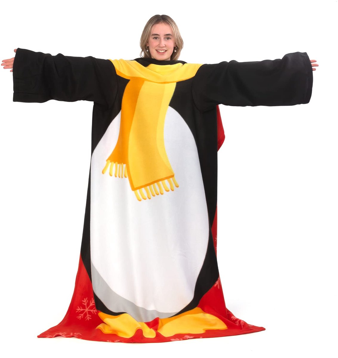 SnelShoppen - Snug Rug Kerst Pinguïn Fleece Deken met Mouwen, Zwart/Wit, Warm en Comfortabel voor Feestdagen, Ideaal voor Thuis, Camping of Kinderen
