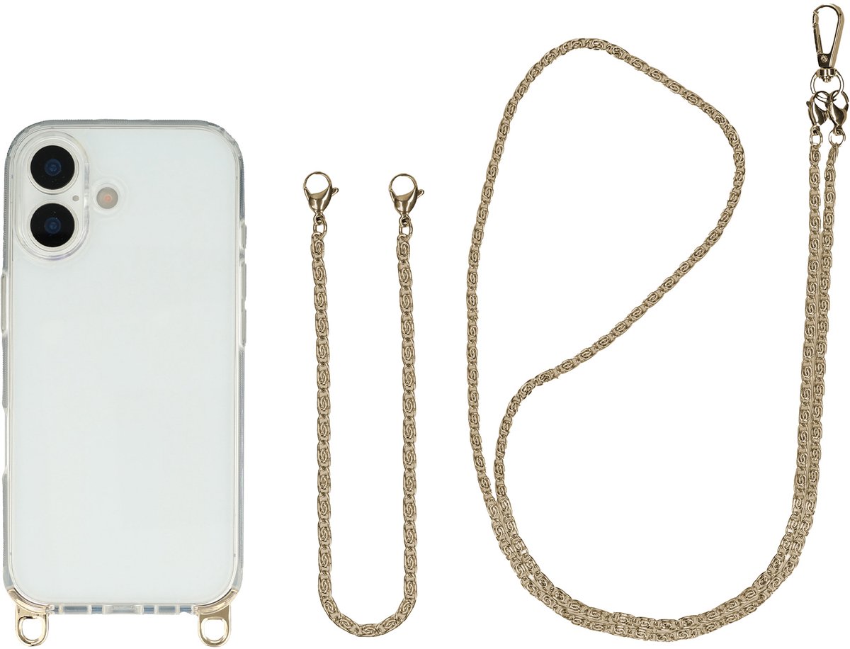 Selencia Transparant Hoesje met Haakjes inclusief Telefoonketting - Geschikt voor Apple iPhone 16 - Goud