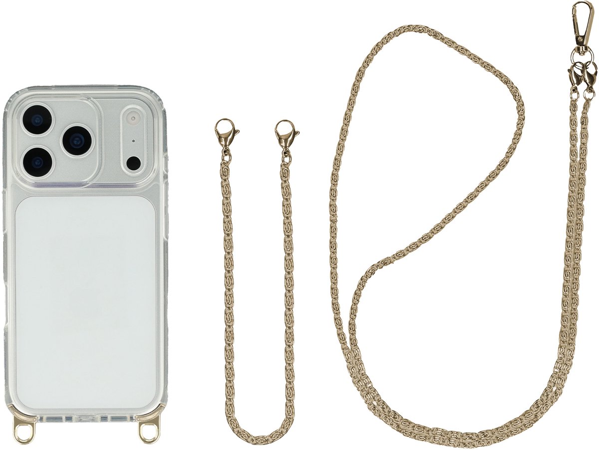 Selencia Transparant Hoesje met Haakjes inclusief Telefoonketting - Geschikt voor Apple iPhone 17 Pro - Goud