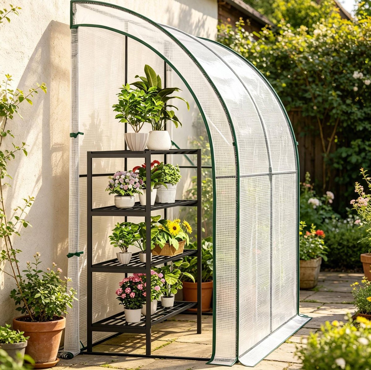 Muurkas 200 x 100 x 210 Cm Stevig Stalen Frame Wit PE Folie Met Versterkt Raster Voor Beschutte Teelt In Tuin En Tegen De Muur