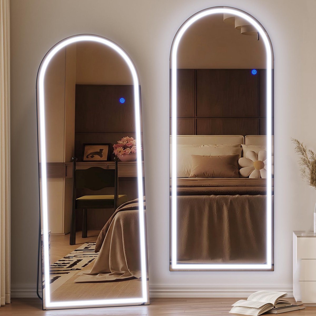 SnelShoppen - ZKIODV 165 x 65 cm LED Boogspiegel met Verlichting, Volledige Lengte Wandspiegel, Vrijstaande Vloerspiegel met Standaard voor Slaapkamer