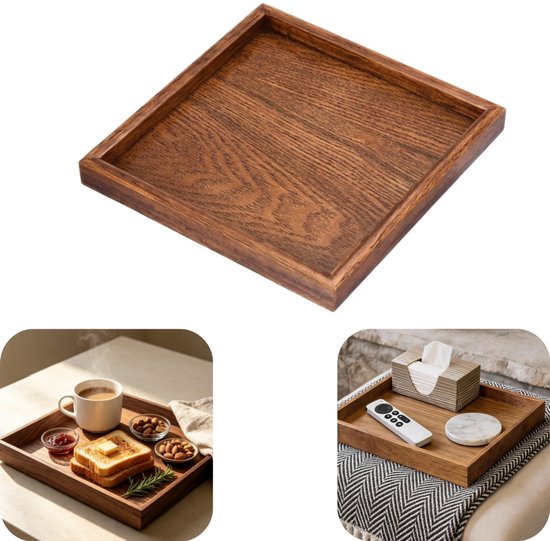 Vierkant houten dienblad, getoond met ontbijt en met afstandbediening en tissuebox.