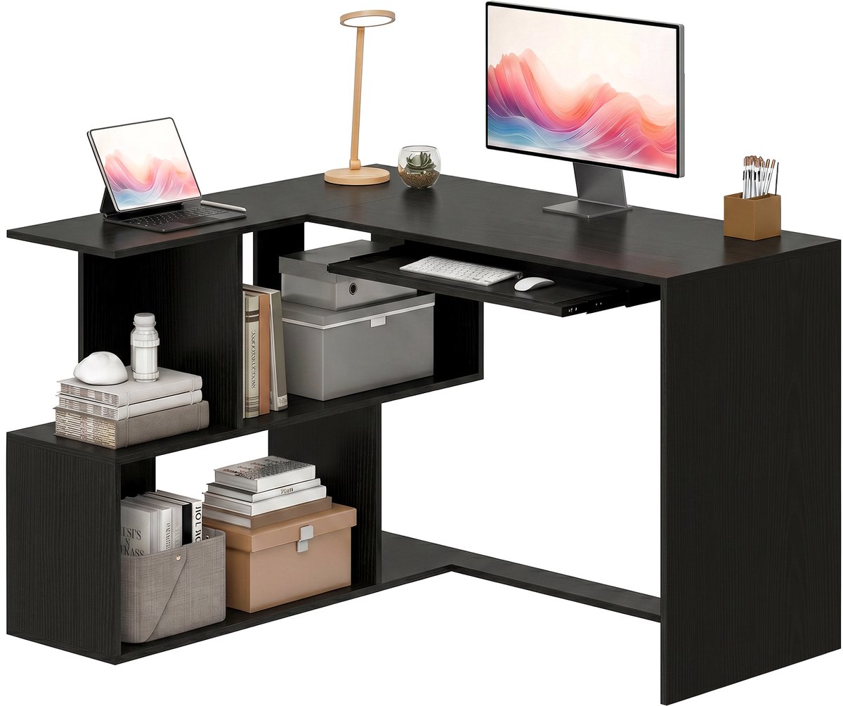 ECTEATOY® Hoekbureau L-Vormig Computerbureau met Toetsenbordhouder en 4 Open Vakken - 120x100x76 cm - zwart