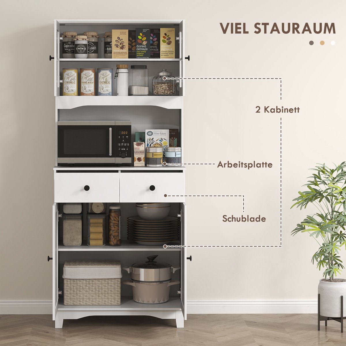 Vrijstaande keukenkast met werkblad voor magnetron, koffiezetapparaat, kasten, glazen deuren, wit — cadeau in Cadeau-ideeën - foto 6