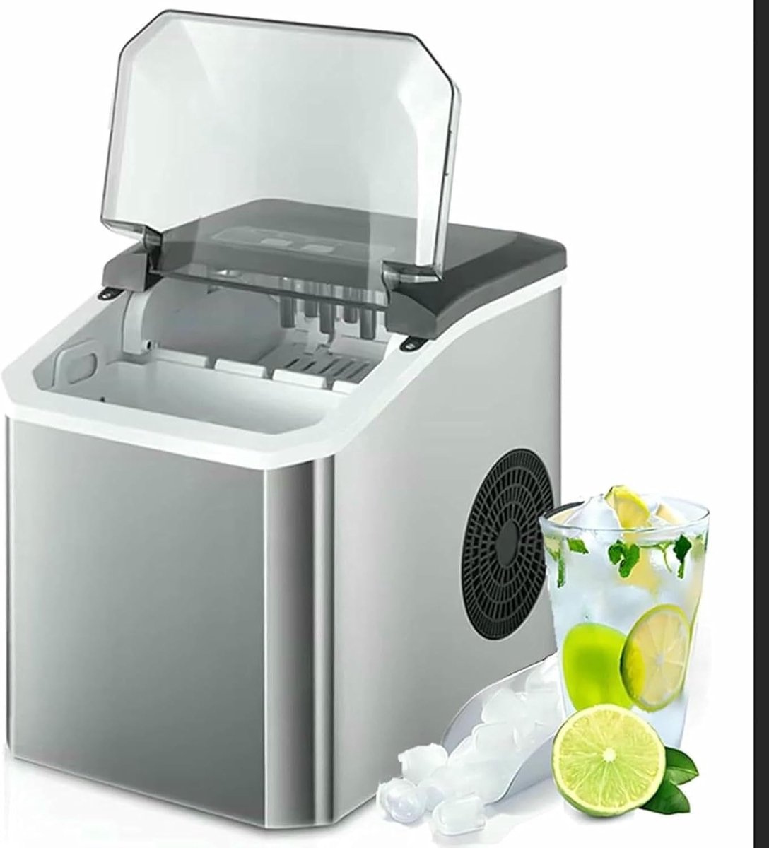 Mini-ijsmachine - IJsmachine voor op het aanrecht - Maakt 12 kg ijs per dag - Maakt 9 ijsblokjes in 7 minuten - Draagbare, zelfreinigende machine - Inclusief lepel en mandje - Geschikt voor thuis, bars en feesten - Zilver