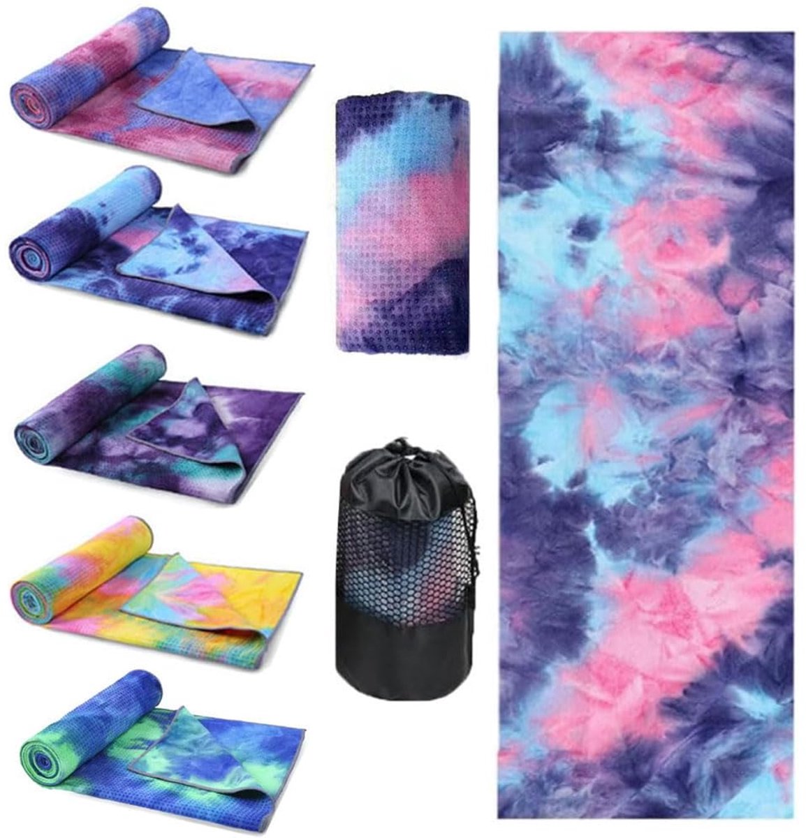 SnelShoppen - Yogamat Handdoek Tie-Die Antislip Sneldrogend Microfiber Yoga Deken 61cm x 183cm met Grip Dots voor Hot Yoga & Fitness, Inclusief Mesh D