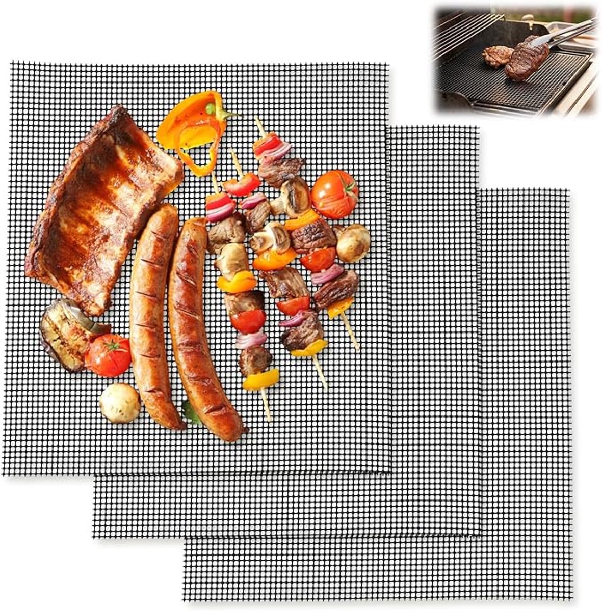 BBQ matten - Bakmatten - Oven Liner - Ovenbeschermer - BBQ Accessoires - Herbruikbaar - Afwasbaar - Hittebestendig - Non-Stick - voor gasgrill, houtskool, elektrische grill, oven, koken, luchtfriteuse - zwart - 42 x 36 cm - 3 Stuks