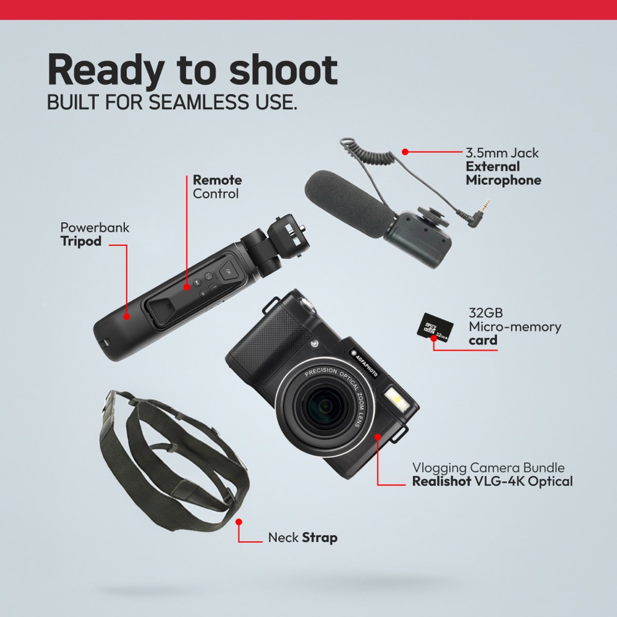 LG AGFAPHOTO Vlogging-set VLG-4K - 4K-camera met 24 MP, 8x optische zoom, 3-inch LCD-scherm, CMOS-sensor, statief, powerbank, microfoon, afstandsbediening, inclusief microSD-kaart van 32 GB, lithiumbatterij thumbnail 3