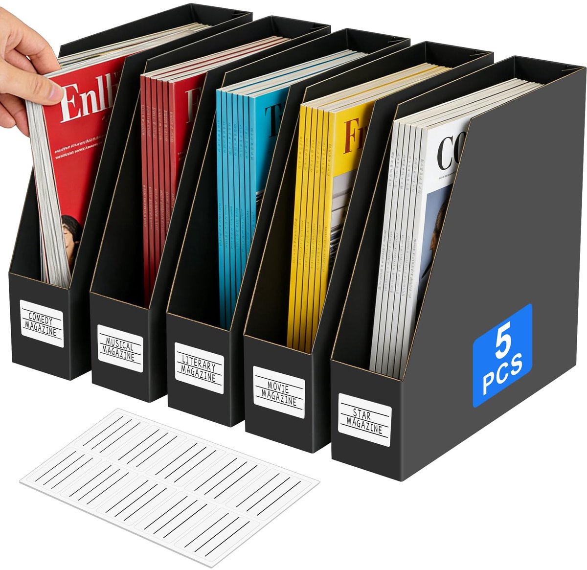 SnelShoppen - Documentenmap A4, 5 Stuks, Tijdschriftenverzamelaar, Bureau-Organizer van 5-laags Zwart Kraftpapier met Steunplaat en Etiketten voor Kan