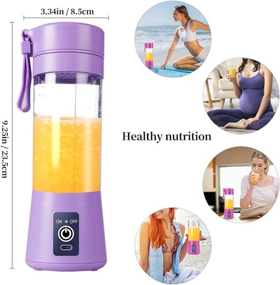 Draagbare Blender - USB Juicer Mixer - Smoothies Maken - Zes Roestvrijstalen Messen - 380 ml - Paars — afbeelding 4