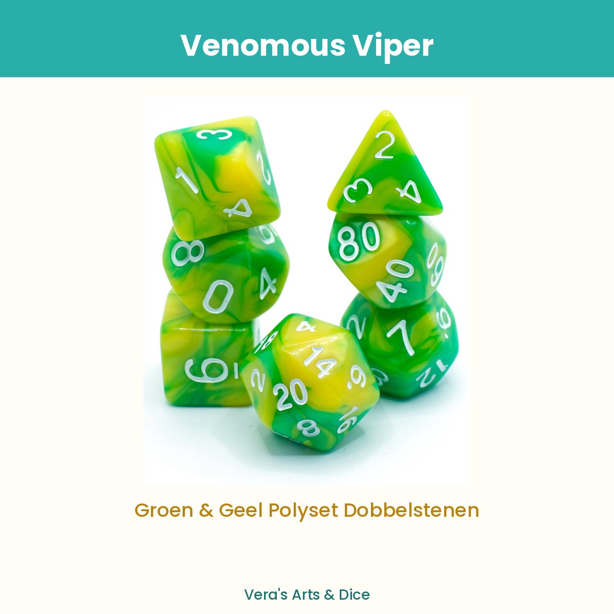 Venomous Viper - Vera's Arts & Dice - Dobbelstenen Set - 7-delig - Groen Geel Wit - D&D RPG