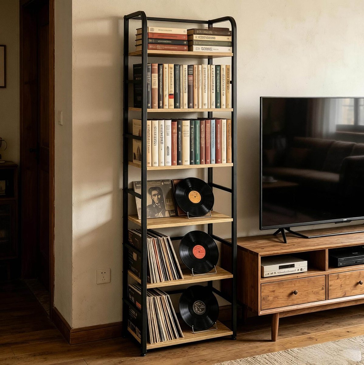 Stellingkast 176 Cm Open Boekenkast Met 6 Planken MDF En Metaal Zwart Licht Eiken Voor Woonkamer Slaapkamer Hal En Kantoor