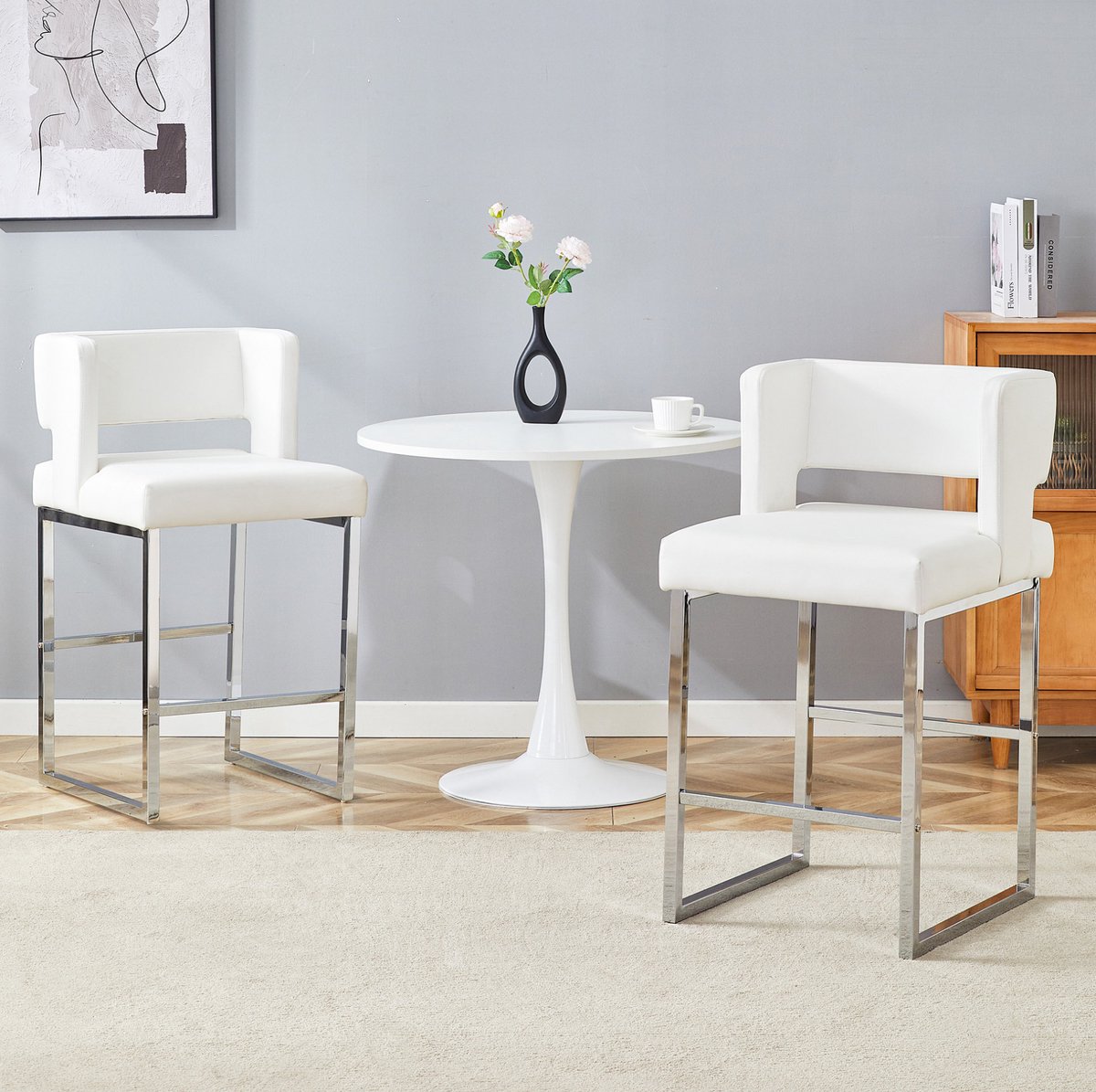 MEUNIQ barkruk set van 2 met rugleuning 91,4 cm wit en zilver, Scandinavische barkruk met gewatteerde kunstleren zitting, metalen onderstel voor bar of hoge tafel