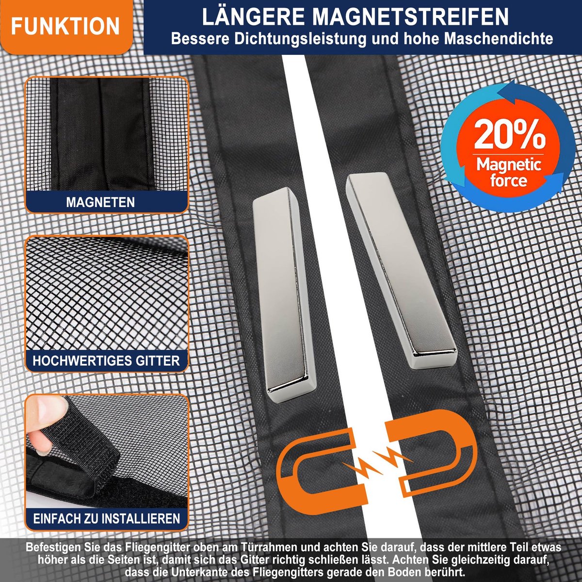SnelShoppen - Vliegengaas voor Balkondeur Magnetisch 90 x 210 cm - Duurzaam Glasvezel Insectenbescherming Scheurvast Vlamvertragend Zwart Zonder Boren