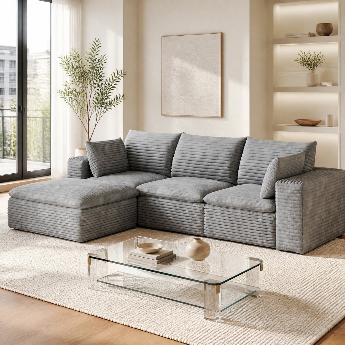 REDOM Hoekbank - L-vormige structuur - Modulaire functie - Afneembare bekleding - Corduroy stijl - Woonkamer, slaapkamer, vergaderruimte en appartement - Stof - Grijs - 260 x 160 x 82 cm