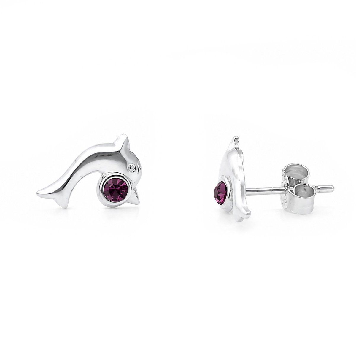 Zilveren oorknopjes voor dames en meisjes dolfijntje met paars amethyst kleurig oostenrijks kristal steentje