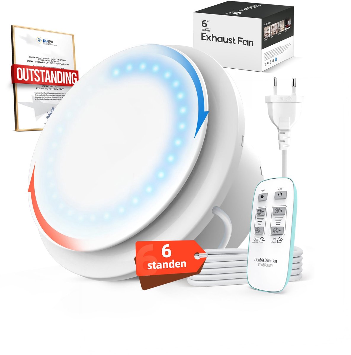 SnelShoppen - SBONNI Badkamerventilator 150 mm met Afstandsbediening, 2 Richtingen, 6 Snelheden, Stille Afvoerventilator voor Badkamer, Toilet, Garage