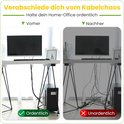 Voor en na de organisatie van kabels onder een bureau. Rechts is rommelig, links is opgeruimd met kabelbinders.