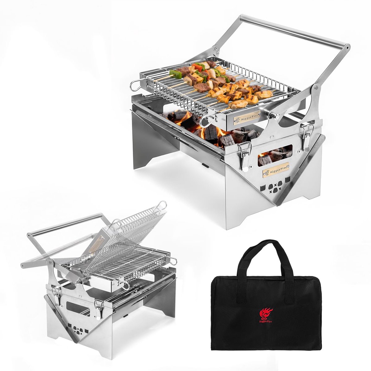 SnelShoppen - 360° Draaibare Houtskool Barbecuegrill - Roestvrijstalen Omkeerbare Grill voor Buiten - Draagbare Camping BBQ voor Picknick en Tuin - Af