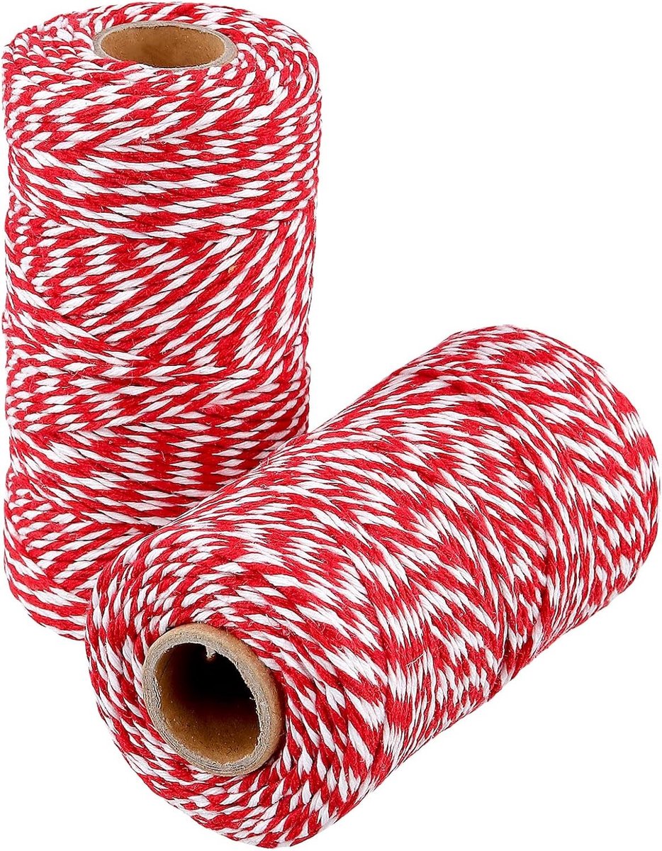 2 Rollen 100m Katoen Touw, 2mm Rood en Wit Verpakkingstouw voor Bakken, Knutselen en Tuinieren
