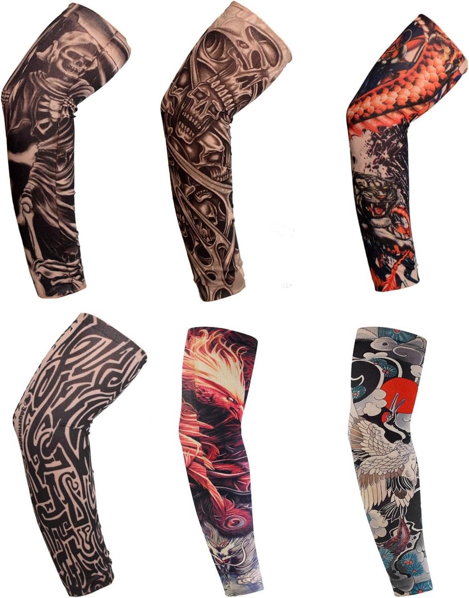 Compressie Armwarmers voor Mannen - Set van 6 Valse Tattoo Mouwen, Zonnebescherming, Elastische Fietshandschoenen
