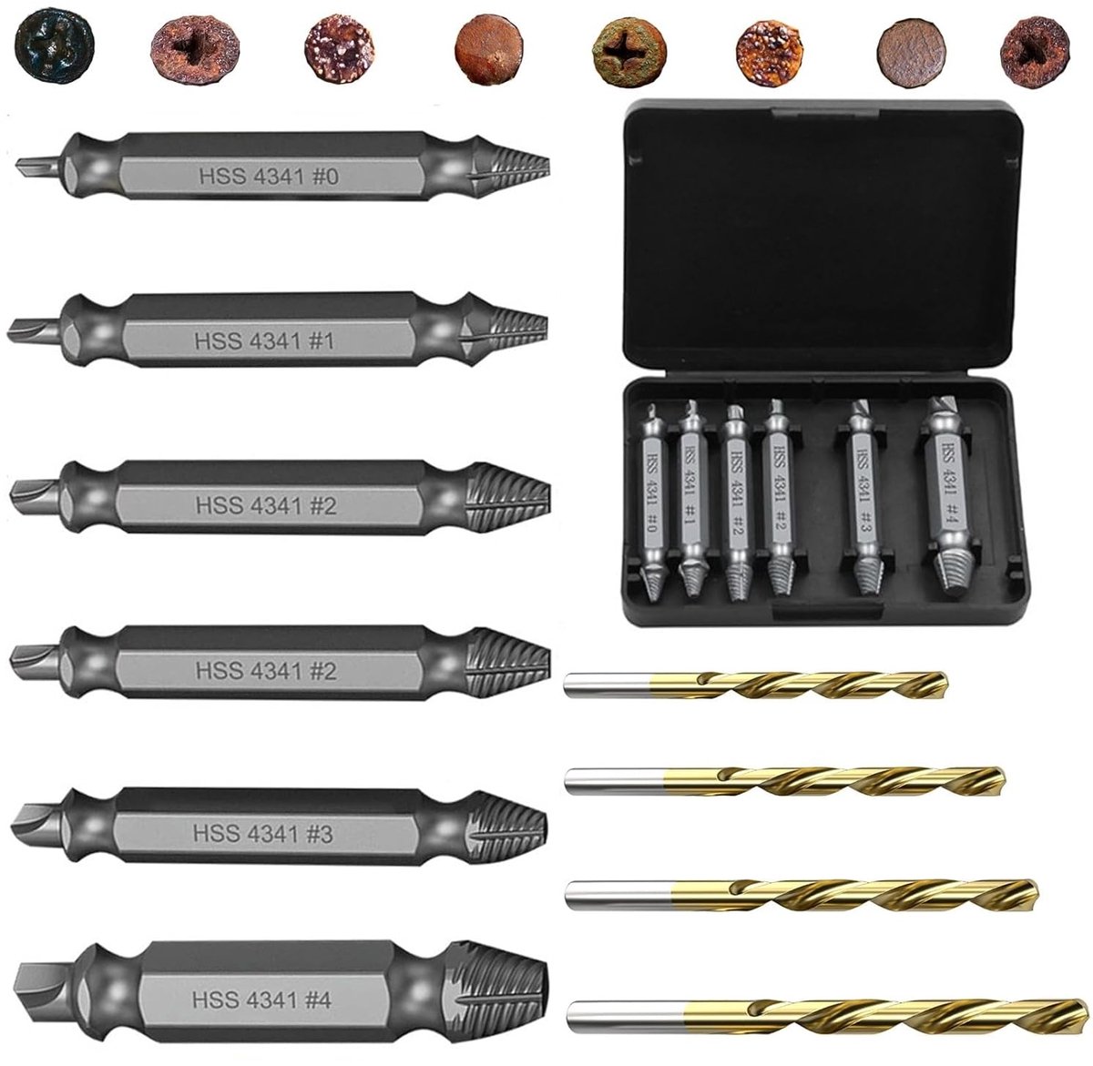 Complete set van 10 schroefextractors met 4 spiraalboren en 6 linkshandige extractors voor het verwijderen van beschadigde of roestige schroeven