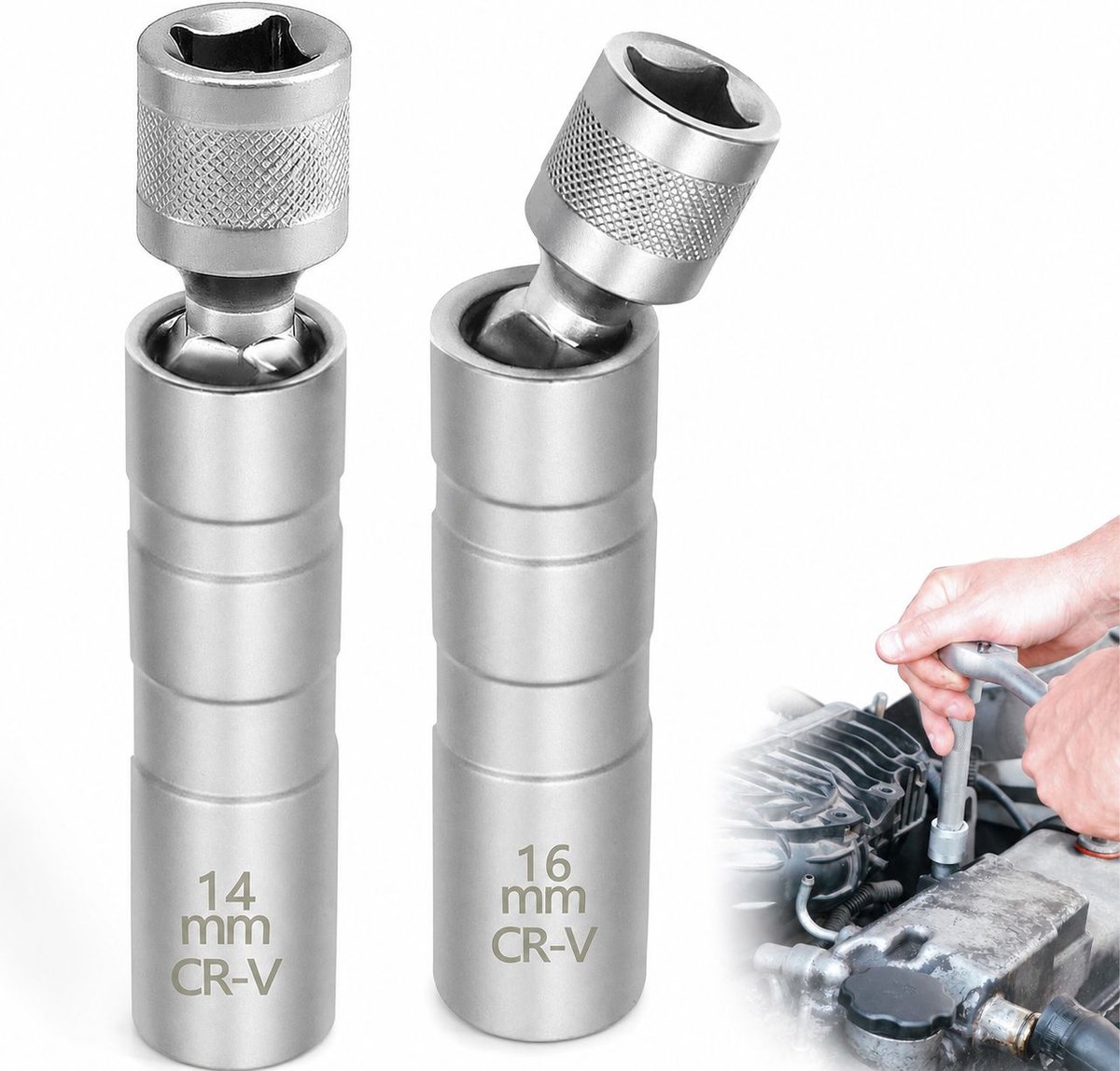 VHV - Bougiesleutel Set van 2 - 14 en 16 mm Magnetische Dopsleutels met 3/8 Inch Kogelgewricht - Voor Auto Onderhoud