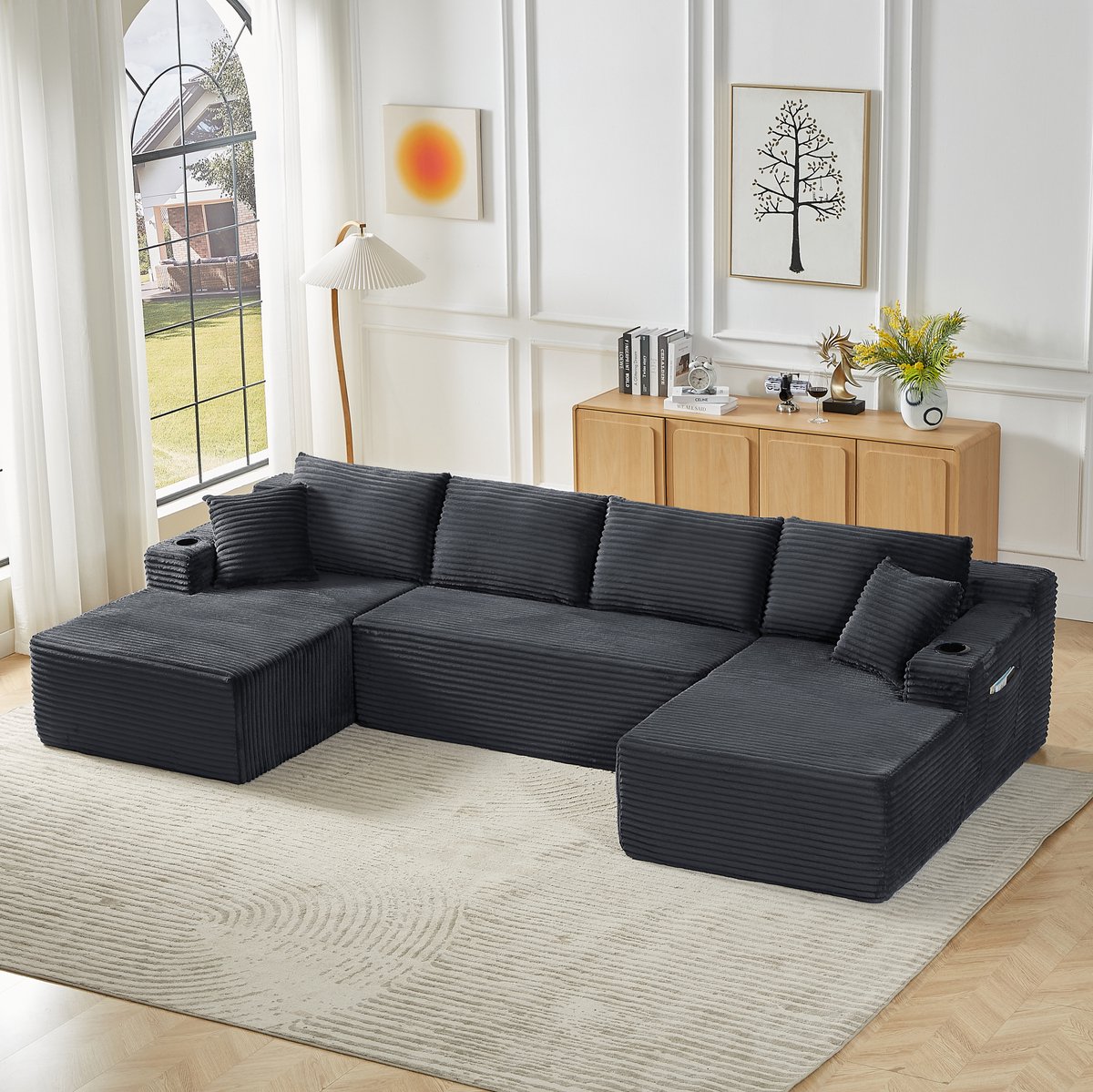 OKWISH U-Bank - 6-Zits Modulaire Vloerbank Zonder Montage - Diepe Zitting & Ergonomisch Comfort - Voor Woonkamer - Corduroy - Donkergrijs