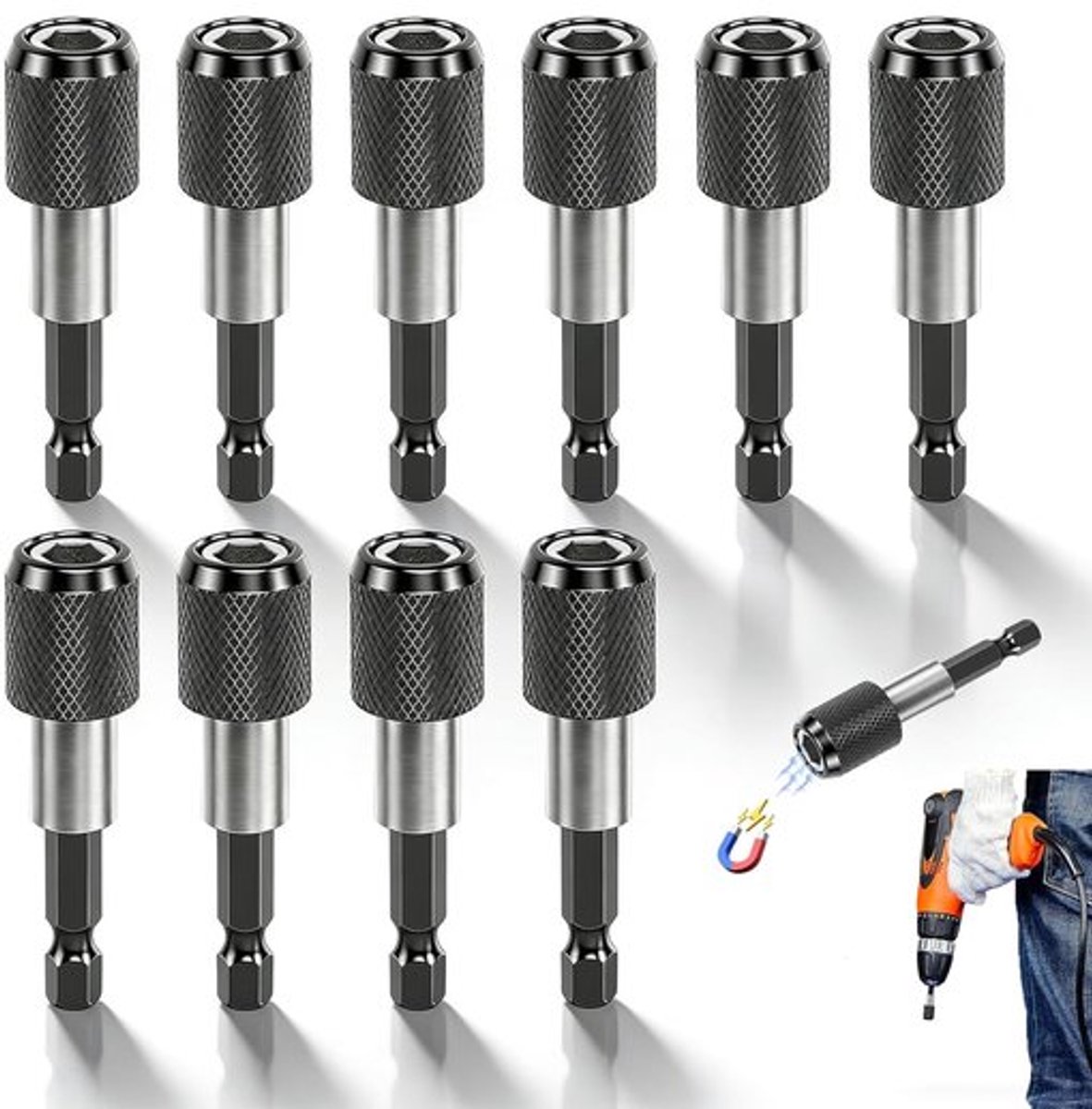 SnelShoppen - Pack van 10 Magnetische Bit Houder 1/4 inch 60 mm, Robuuste Magnetische Schroefhouder voor Schroevendraaier, Ideaal voor Boormachines en