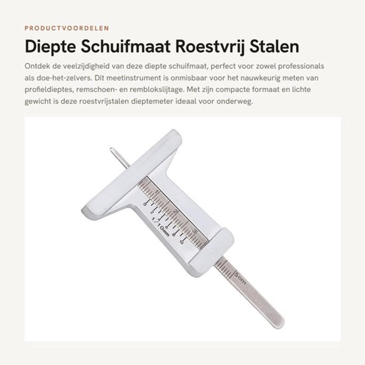 Dieptemeter Roestvrij Staal - Draagbaar Meetinstrument - Profieldiepte Meten - Remschoen/Remblo/slijtage - Lichtgewicht - Lange Levensduur