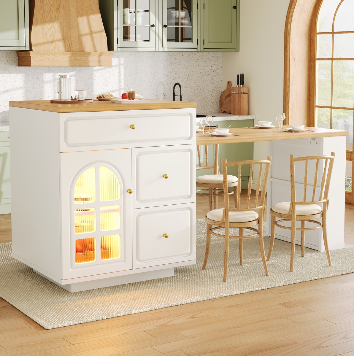 DESMIU Keukenkast - Uittrekbaar Keukeneiland Met Lades En RGB Ledverlichting - Voor Keuken En Eethoek - MDF En Glas - Wit - 122,5-195,5x59x93,5 Cm