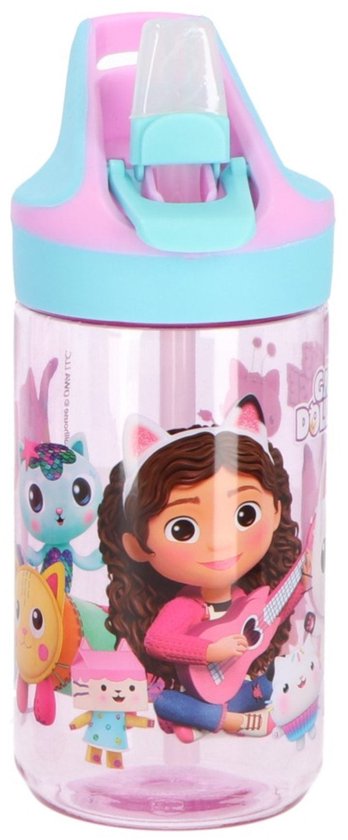 Roze fles met Gabby en haar kattenvriendjes. Blauw en roze deksel.