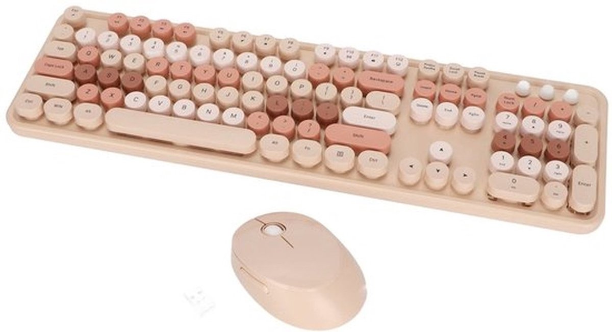 Draadloos Toetsenbord en Muiscombinatie - Retro Typemachinestijl - Draagbaar en Stil - Zoete Melk Thee Kleur - Geschikt voor T...