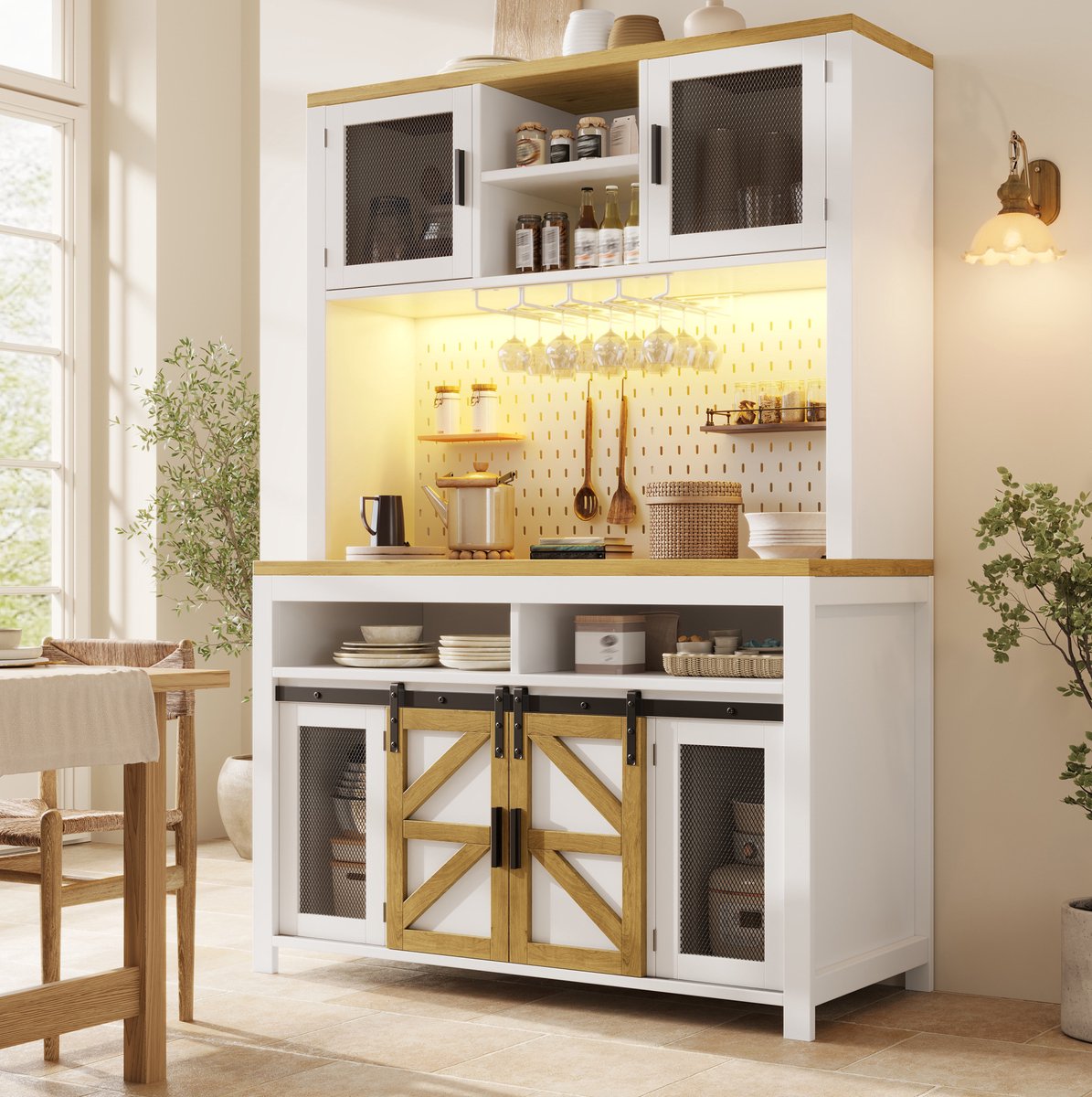 DESMIU Keukenkast - Hoge Opbergkast Met Ledverlichting En Usb Aansluiting - Voor Keuken En Eetkamer - MDF En Metaal - 120x40x174,5 Cm - Wit