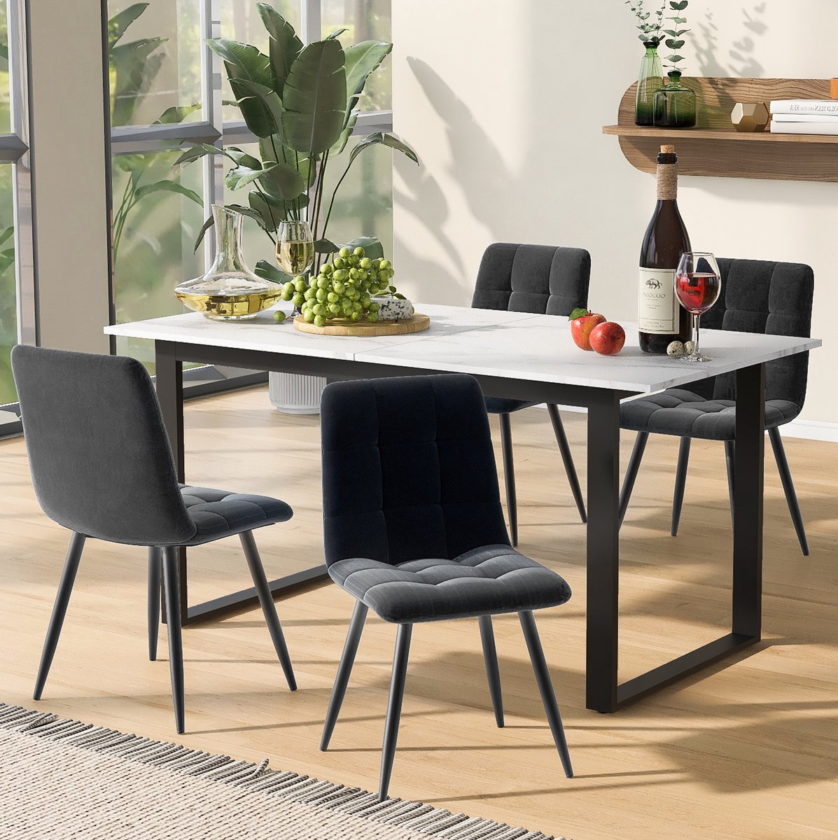 MEUNIQ Eettafel set met 4 stoelen, uitschuifbare eettafel 140/180 x 80 x 75 cm, wit tafelblad, zwarte metalen poten en grijze gestoffeerde stoelen voor eetkamer