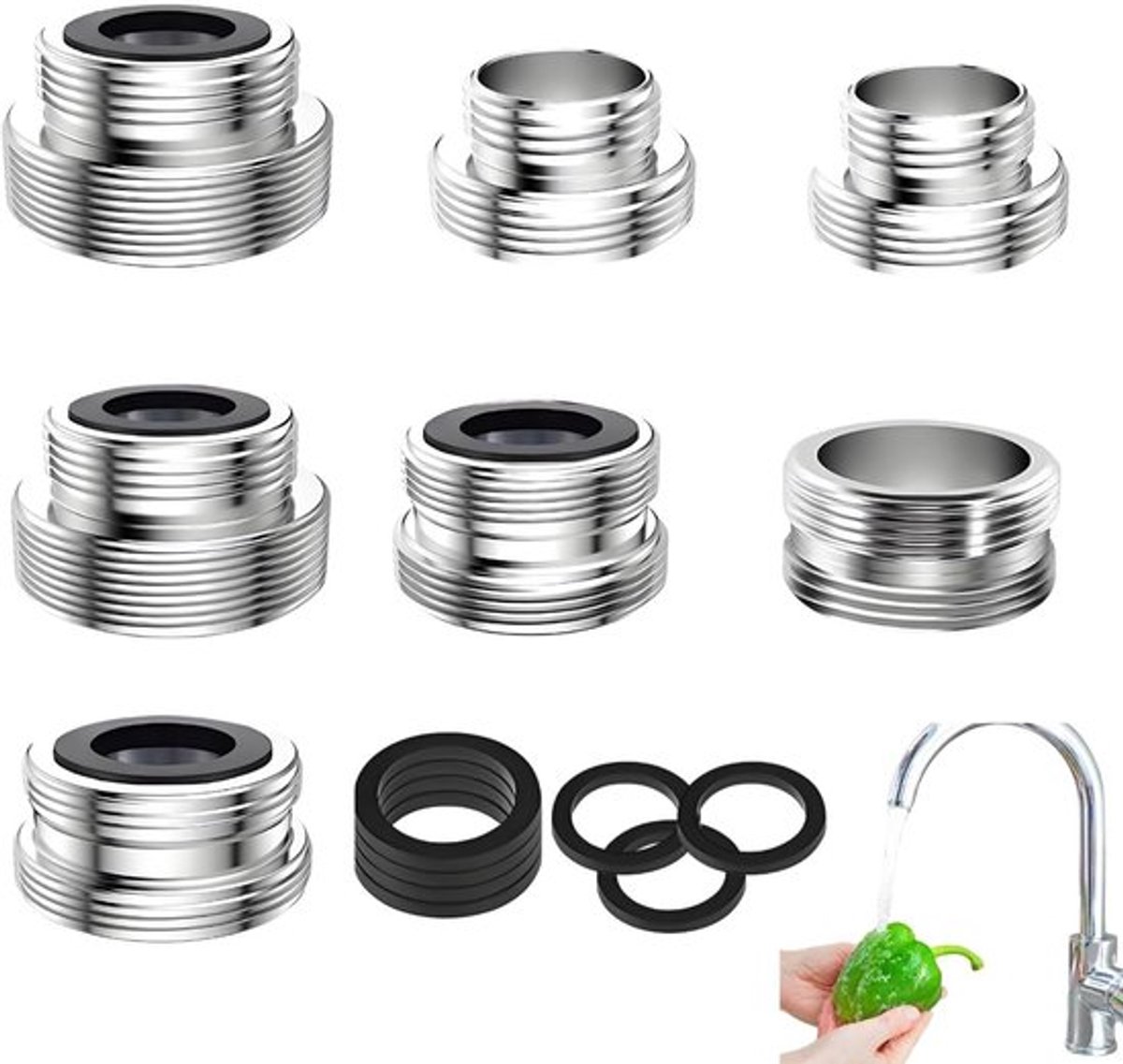 SnelShoppen - 7-delige Tap Adaptor Set voor Tuinslang en Keuken - Universele Aansluitingen, Inclusief Seals - Geschikt voor Diverse Waterkranen