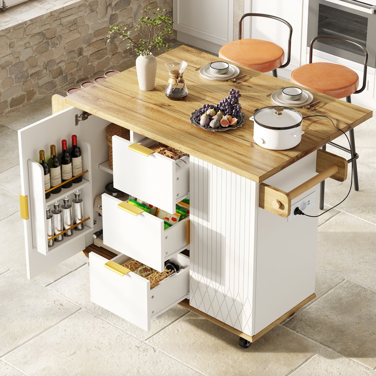 DESMIU Keukenmeubelset - Mobiele Keukenwagen Met 2 Barkrukken - Stroomaansluiting En Opbergruimte - MDF En Metaal - Wit - 134x74x88 Cm