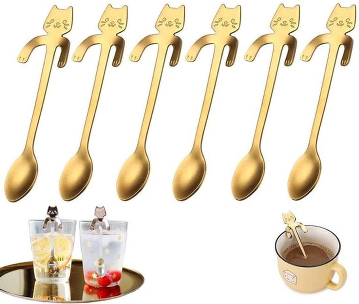 Koffielepels 6 stuks - Gouden Katvormige Lepels - Roestvrij Staal - Duurzaam - Antislip Grip - Geschikt voor Dranken - Theelepels